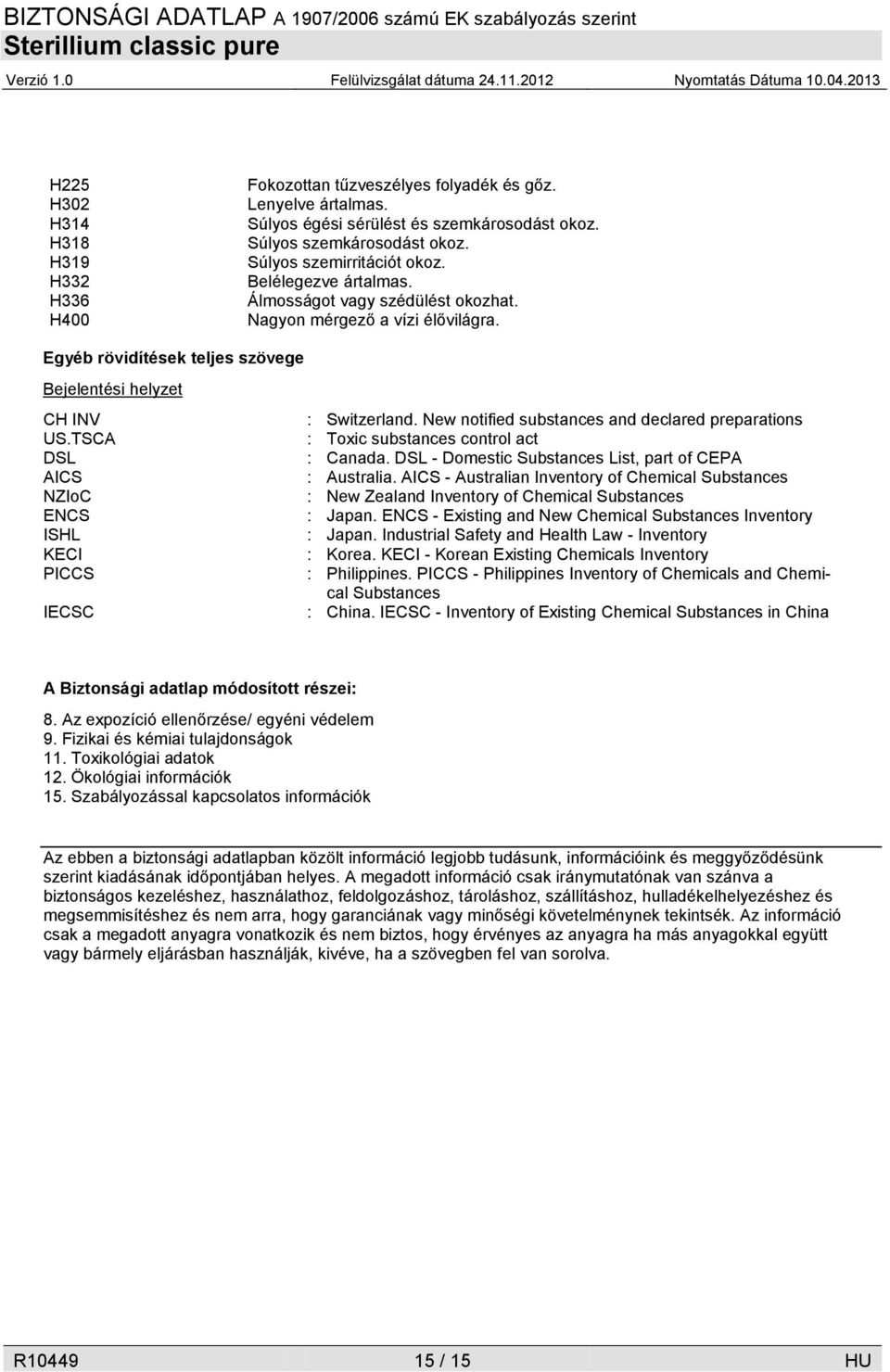 TSCA DSL AICS NZIoC ENCS ISHL KECI PICCS IECSC : Switzerland. New notified substances and declared preparations : Toxic substances control act : Canada.