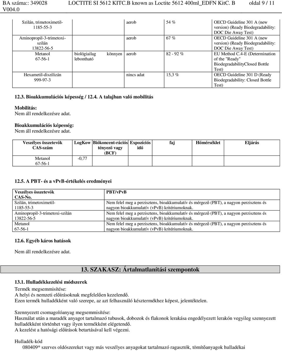 aerob 82-92 % EU Method C.4-E (Determination of the "Ready" BiodegradabilityClosed Bottle Test) nincs adat 15,3 % 301 D (Ready Biodegradability: Closed Bottle Test) 12.3. Bioakkumulációs képesség / 12.