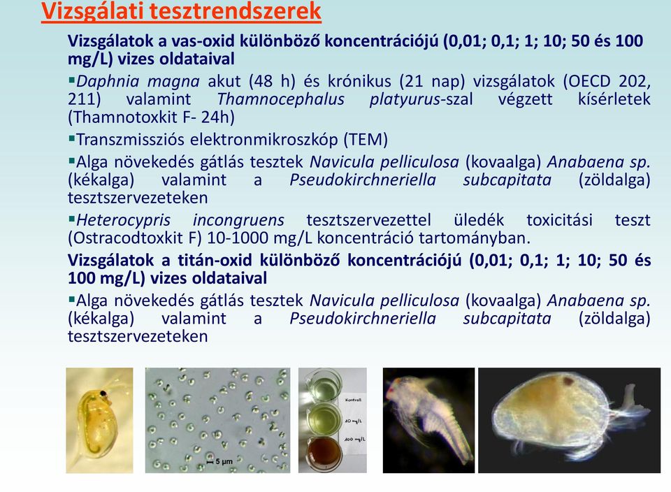 (kékalga) valamint a Pseudokirchneriella subcapitata (zöldalga) tesztszervezeteken Heterocypris incongruens tesztszervezettel üledék toxicitási teszt (Ostracodtoxkit F) 10-1000 mg/l koncentráció