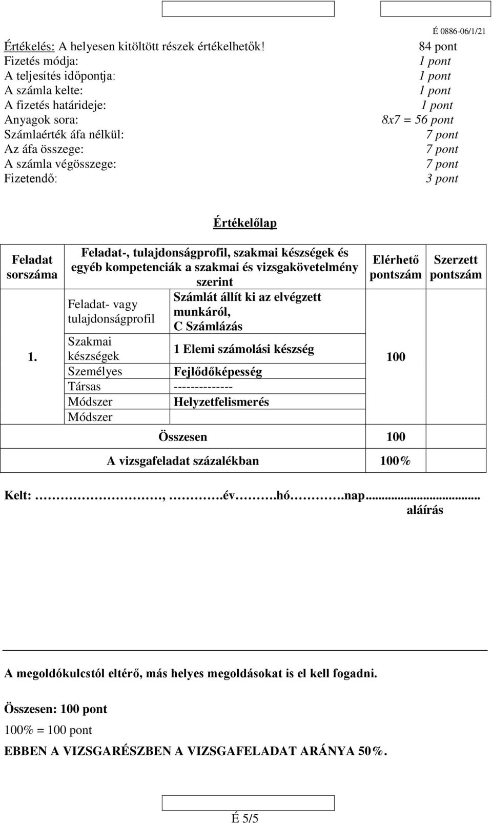 3 pont Értékelőlap Feladat sorszáma 1.