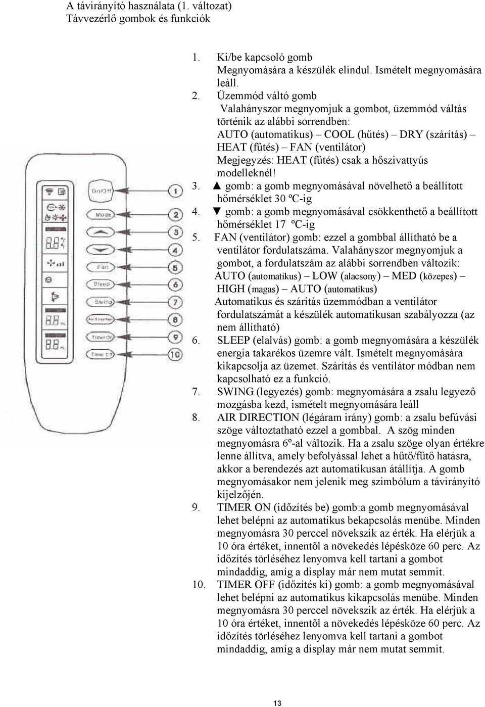 (fűtés) csak a hőszivattyús modelleknél! 3. gomb: a gomb megnyomásával növelhető a beállított hőmérséklet 30 ºC-ig 4. gomb: a gomb megnyomásával csökkenthető a beállított hőmérséklet 17 ºC-ig 5.