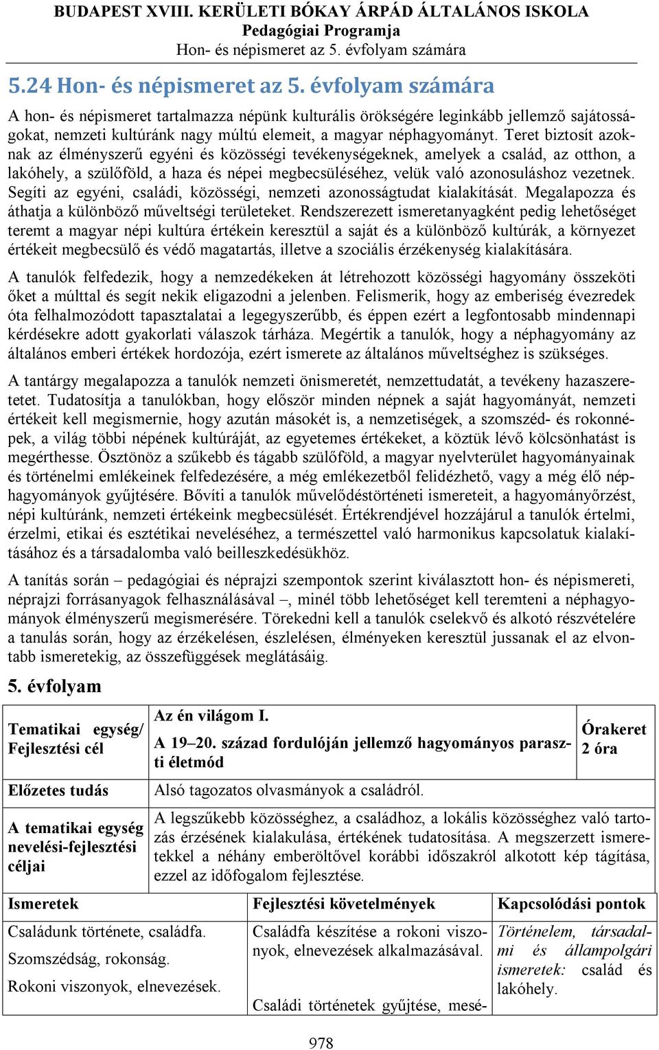 Segíti az egyéni, családi, közösségi, nemzeti azonosságtudat kialakítását. Megalapozza és áthatja a különböző műveltségi területeket.