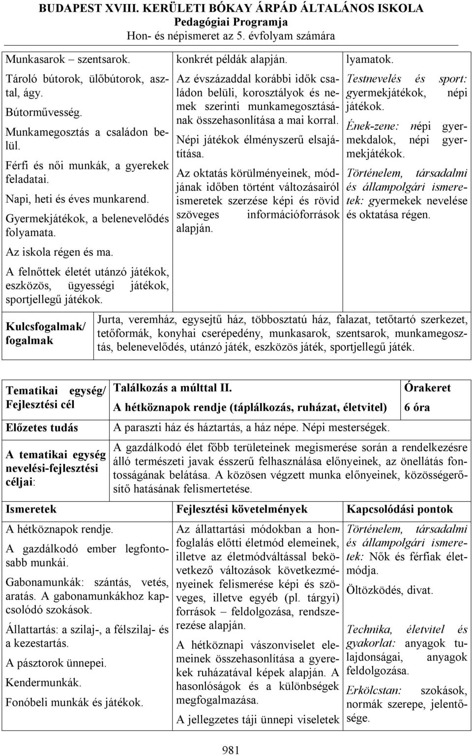 Az évszázaddal korábbi idők családon belüli, korosztályok és nemek szerinti munkamegosztásának összehasonlítása a mai korral. Népi játékok élményszerű elsajátítása.