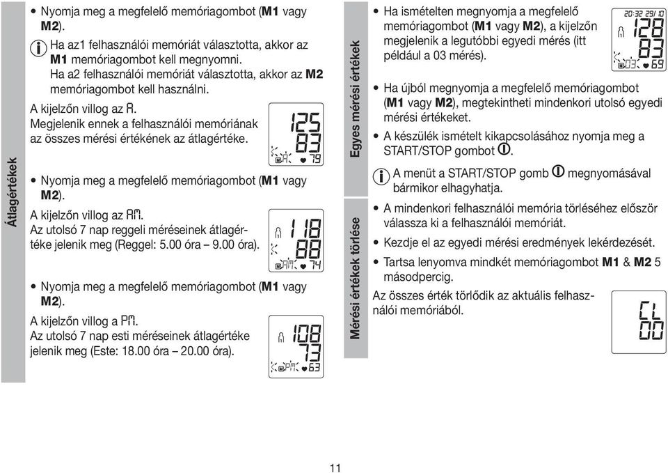 Nyomja meg a megfelelő memóriagombot (M1 vagy M2). A kijelzőn villog az AM. Az utolsó 7 nap reggeli méréseinek átlagértéke jelenik meg (Reggel: 5.00 óra 9.00 óra).