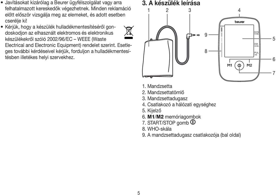 szerint. Esetleges további kérdéseivel kérjük, forduljon a hulladékmentesítésben illetékes helyi szervekhez. 3. A készülék leírása 1 2 3 4 9 8 WHO SYS mmhg DIA mmhg PUL /min 5 6 7 1.