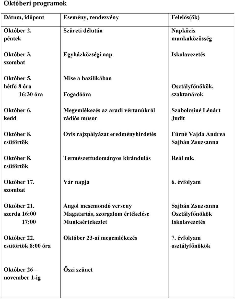 8:00 óra Szüreti délután Egyházközségi nap Mise a bazilikában Fogadóóra Megemlékezés az aradi vértanúkról rádiós műsor Ovis rajzpályázat eredményhirdetés