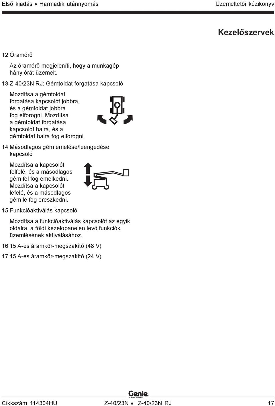 Mozdítsa a gémtoldat forgatása kapcsolót balra, és a gémtoldat balra fog elforogni. 14 Másodlagos gém emelése/leengedése kapcsoló Mozdítsa a kapcsolót felfelé, és a másodlagos gém fel fog emelkedni.