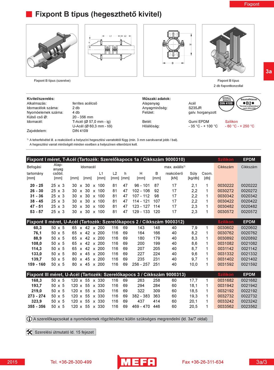 horganyzott Külső cső Ø: 20-356 mm Idomacél: T-Acél (Ø 57,0 mm - ig) Betét: Gumi EPDM Szilikon U-Acél (Ø 60,3 mm - től) Hőállóság: - 35 C - + 100 C - 60 C - + 250 C Zajvédelem: DIN 4109 1) A