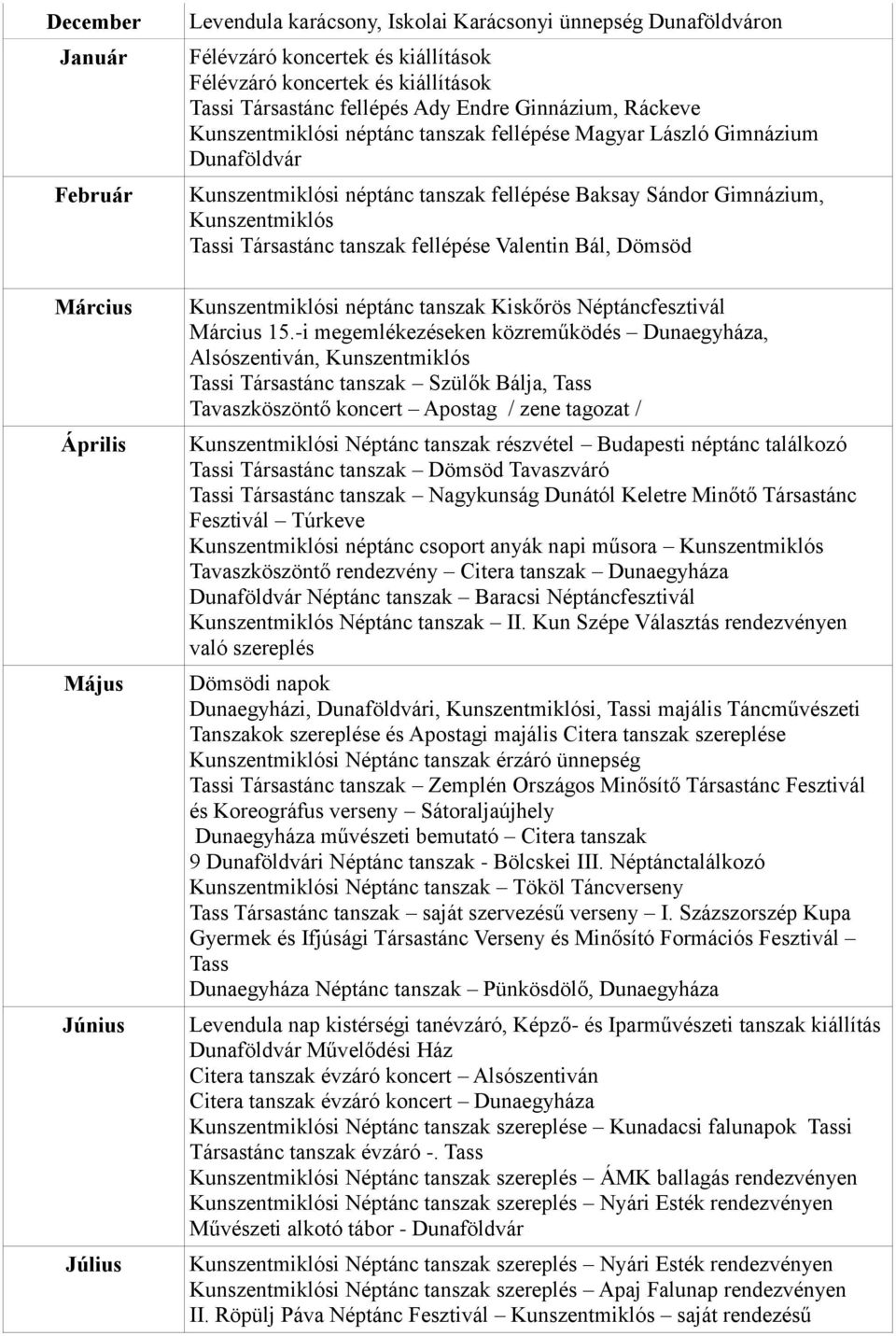 fellépése Valentin Bál, Dömsöd néptánc tanszak Kiskőrös Néptáncfesztivál Március 15.
