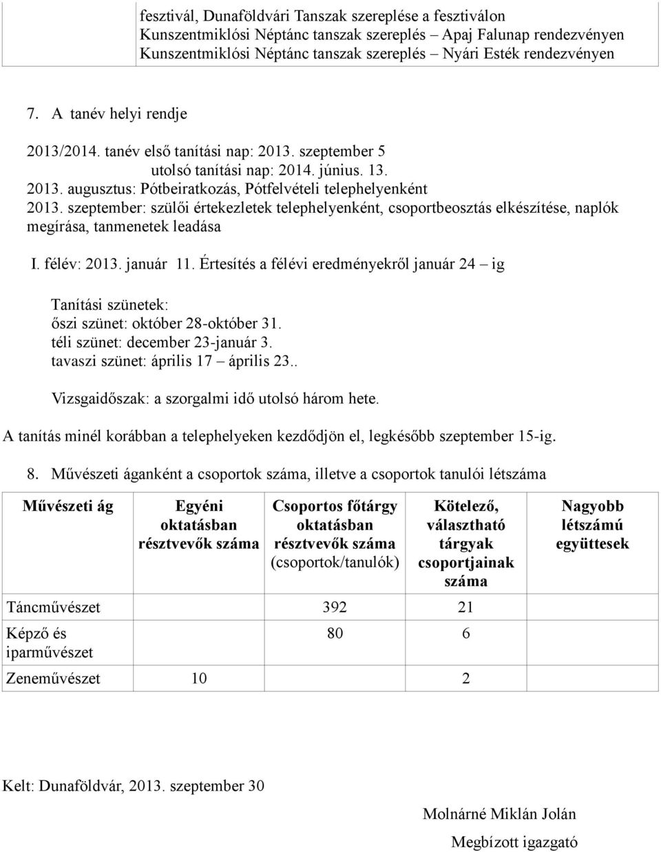 szeptember: szülői értekezletek telephelyenként, csoportbeosztás elkészítése, naplók megírása, tanmenetek leadása I. félév: 2013. január 11.