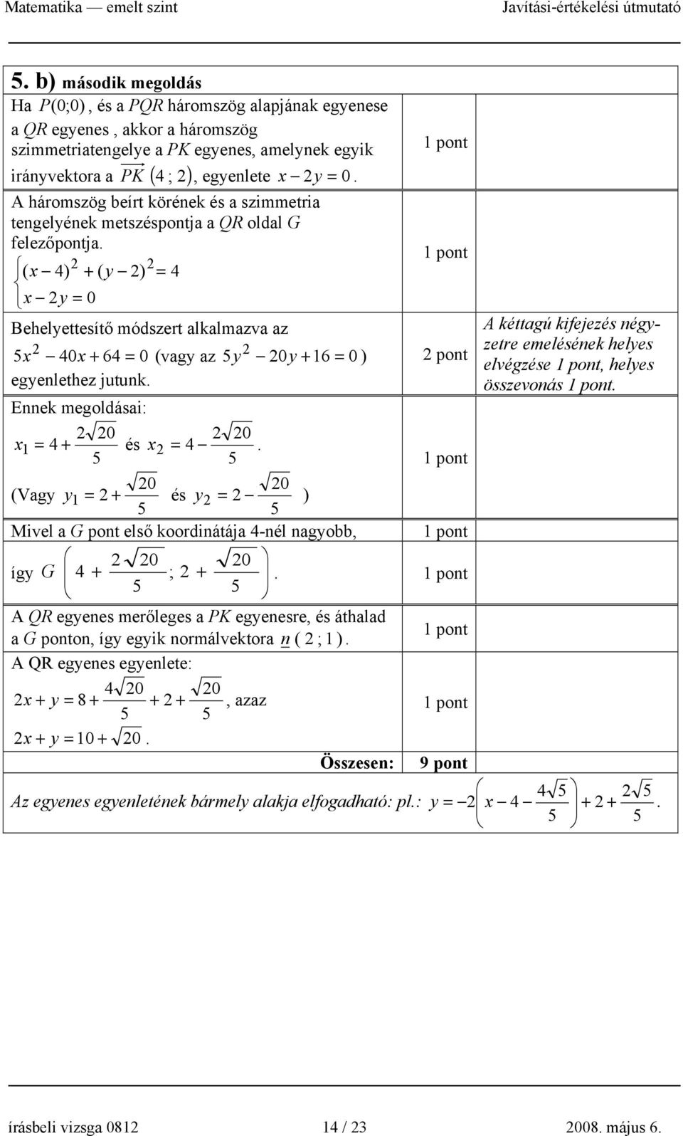 ( x 4) + ( y ) = 4 x y = 0 Behelyettesítő módszert alkalmazva az A kéttagú kifejezés négyzetre emelésének helyes 5x 40x + 64 = 0 (vagy az 5 y 0y + 16 = 0 ) pont elvégzése, helyes egyenlethez jutunk.