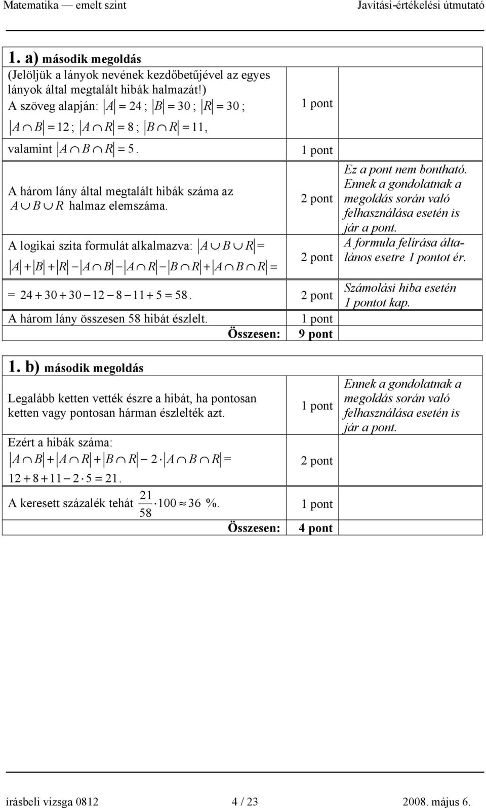 A logikai szita formulát alkalmazva: A B R = A + B + R A B A R B R + A B R = pont pont = 4 + 30 + 30 1 8 11+ 5 = 58. pont A három lány összesen 58 hibát észlelt. Összesen: 9 pont 1.