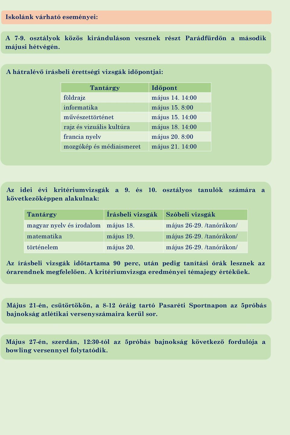 14:00 francia nyelv május 20. 8:00 mozgókép és médiaismeret május 21. 14:00 Az idei évi kritériumvizsgák a 9. és 10.