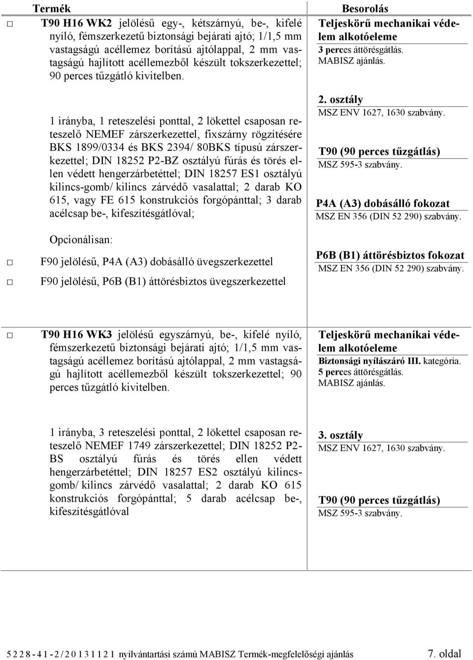 törés ellen védett hengerzárbetéttel; DIN 18257 ES1 osztályú kilincs-gomb/ kilincs zárvédő vasalattal; 2 darab KO 615, vagy FE 615 konstrukciós forgópánttal; 3 darab acélcsap be-, kifeszítésgátlóval;