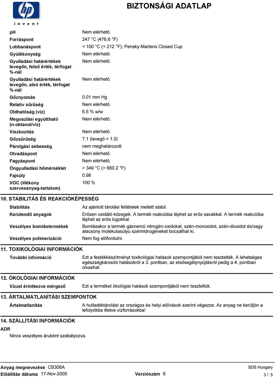1 (levegı = 1,0) Párolgási sebesség Olvadáspont Fagyáspont Öngyulladási hımérséklet Fajsúly 0.98 VOC (illékony szervesanyag-tartalom) nem meghatározott > 349 C (> 660.2 F) 100 % 10.