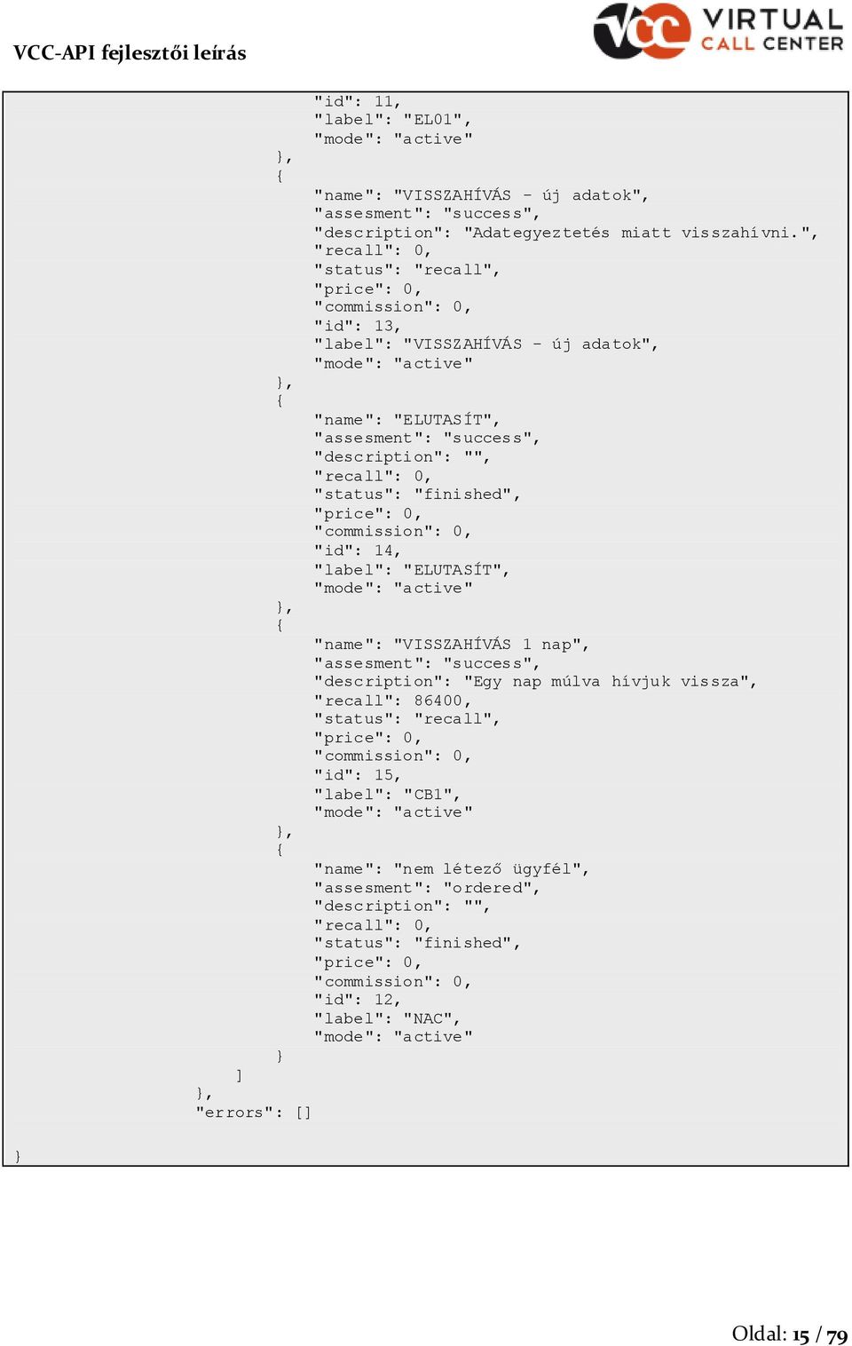 "status": "finished", "price": 0, "cmmissin": 0, "id": 14, "label": "ELUTASÍT", "mde": "active" "name": "VISSZAHÍVÁS 1 nap", "assesment": "success", "descriptin": "Egy nap múlva hívjuk vissza",