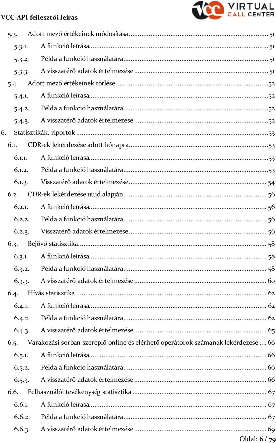 .. 54 6.2. CDR-ek lekérdezése uuid alapján... 56 6.2.1. A funkció leírása... 56 6.2.2. Példa a funkció használatára... 56 6.2.3. Visszatérő adatk értelmezése... 56 6.3. Bejövő statisztika... 58 6.3.1. A funkció leírása... 58 6.3.2. Példa a funkció használatára... 58 6.3.3. A visszatérő adatk értelmezése.