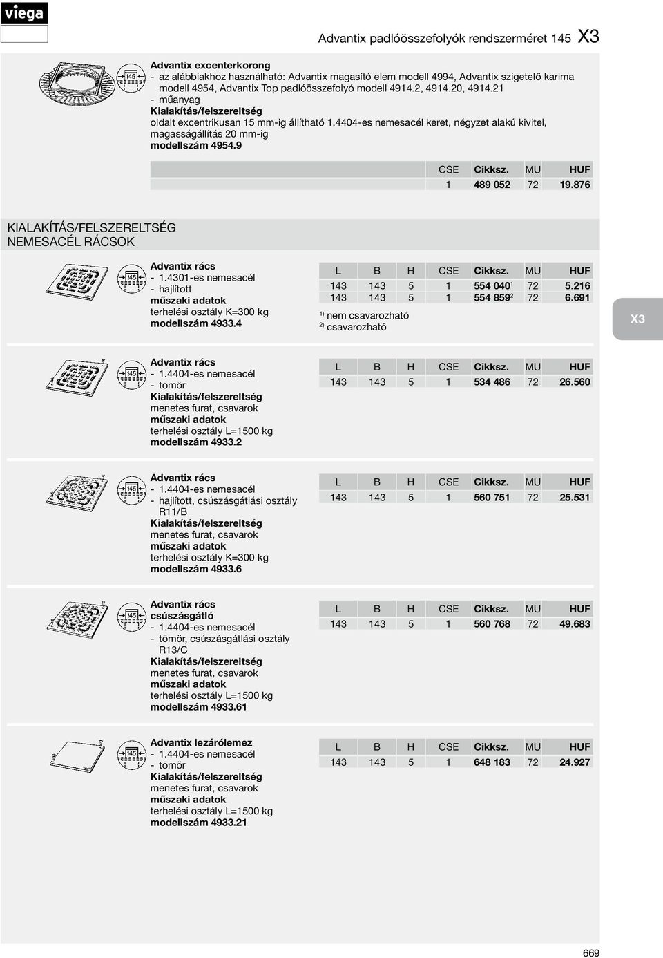 MU HUF 1 489 052 72 19.876 Nemesacél rácsok 1.4301-es nemesacél hajlított modellszám 4933.4 143 143 5 1 554 040 1 72 5.216 143 143 5 1 554 859 2 72 6.691 1) nem csavarozható 2) csavarozható X3 1.