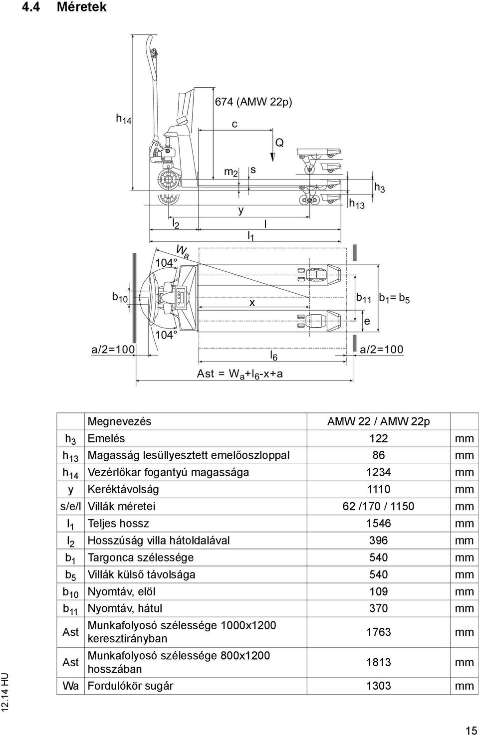 1150 mm l 1 Teljes hossz 1546 mm l 2 Hosszúság villa hátoldalával 396 mm b 1 Targonca szélessége 540 mm b 5 Villák külső távolsága 540 mm b 10 Nyomtáv, elöl 109 mm b