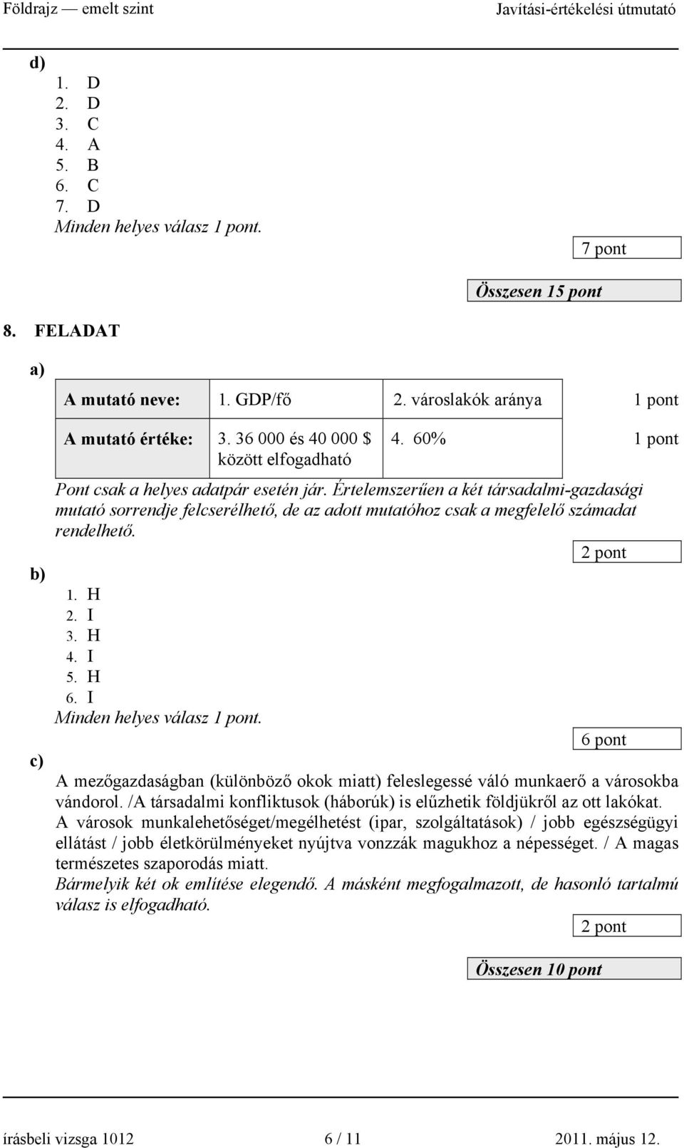 Értelemszerűen a két társadalmi-gazdasági mutató sorrendje felcserélhető, de az adott mutatóhoz csak a megfelelő számadat rendelhető. 1. H 2. I 3. H 4. I 5. H 6. I Minden helyes válasz.