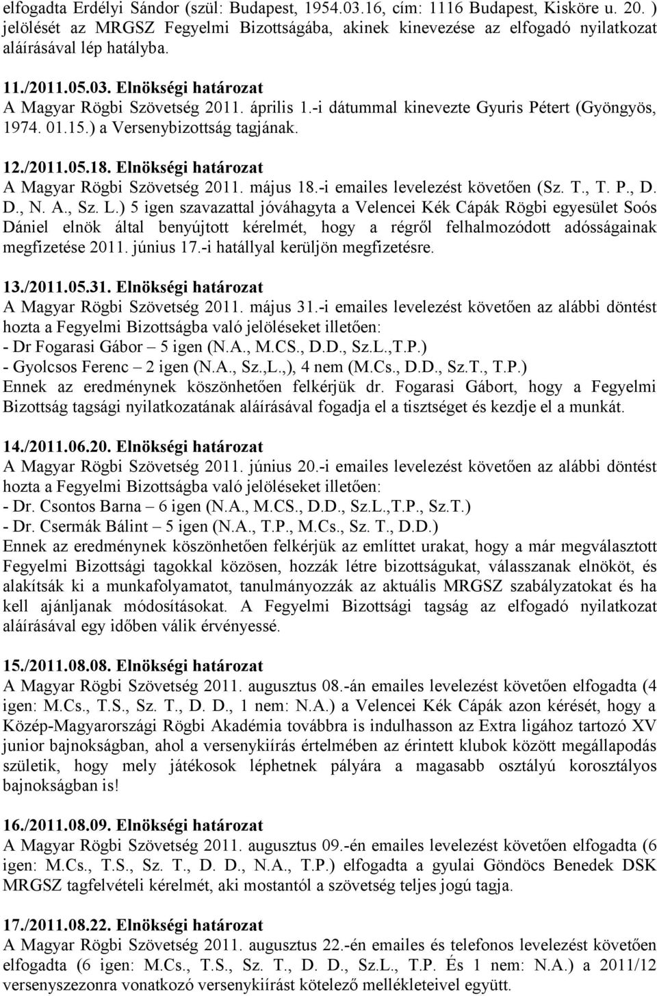 Elnökségi határozat A Magyar Rögbi Szövetség 2011. május 18.-i emailes levelezést követően (Sz. T., T. P., D. D., N. A., Sz. L.
