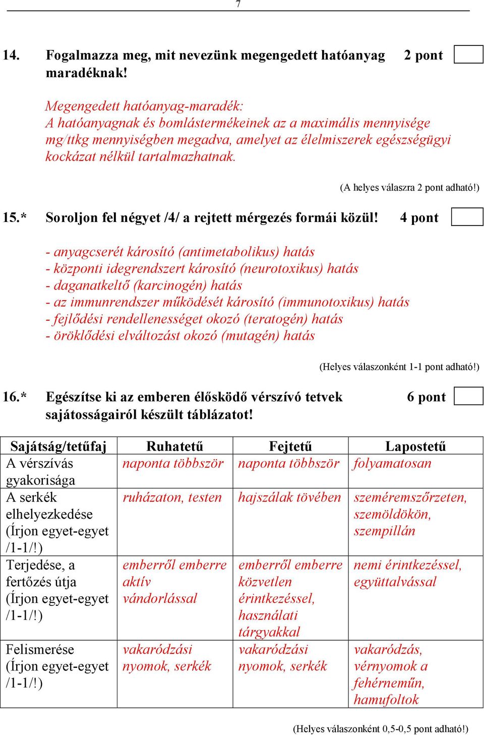 (A helyes válaszra 2 pont adható!) 15.* Soroljon fel négyet /4/ a rejtett mérgezés formái közül!