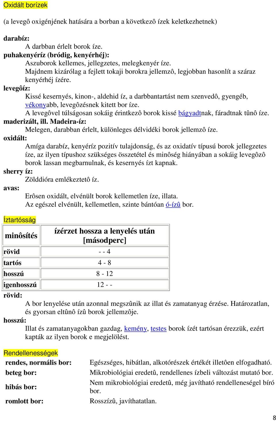 levegôíz: Kissé kesernyés, kinon-, aldehid íz, a darbbantartást nem szenvedô, gyengéb, vékonyabb, levegôzésnek kitett bor íze.