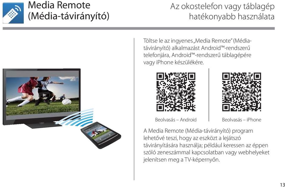 Beolvasás Android Beolvasás iphone A Media Remote (Média-távirányító) program lehetővé teszi, hogy az eszközt a lejátszó