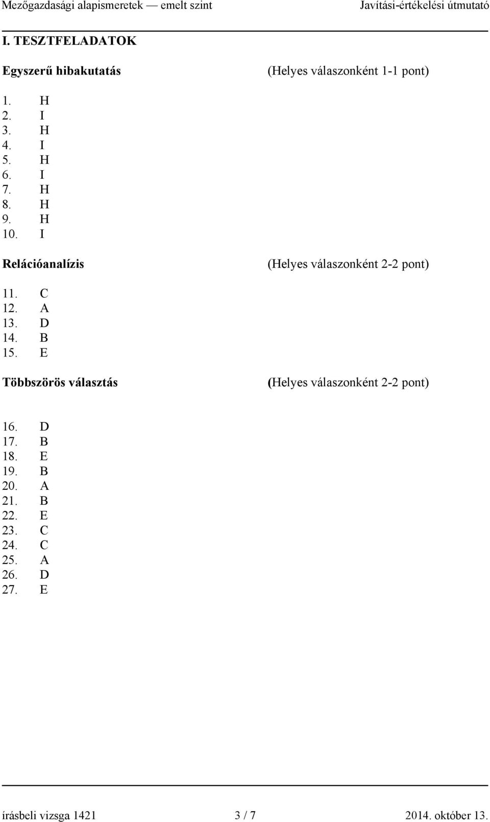 D 14. B 15. E Többszörös választás (Helyes válaszonként 2-2 pont) 16. D 17. B 18. E 19.