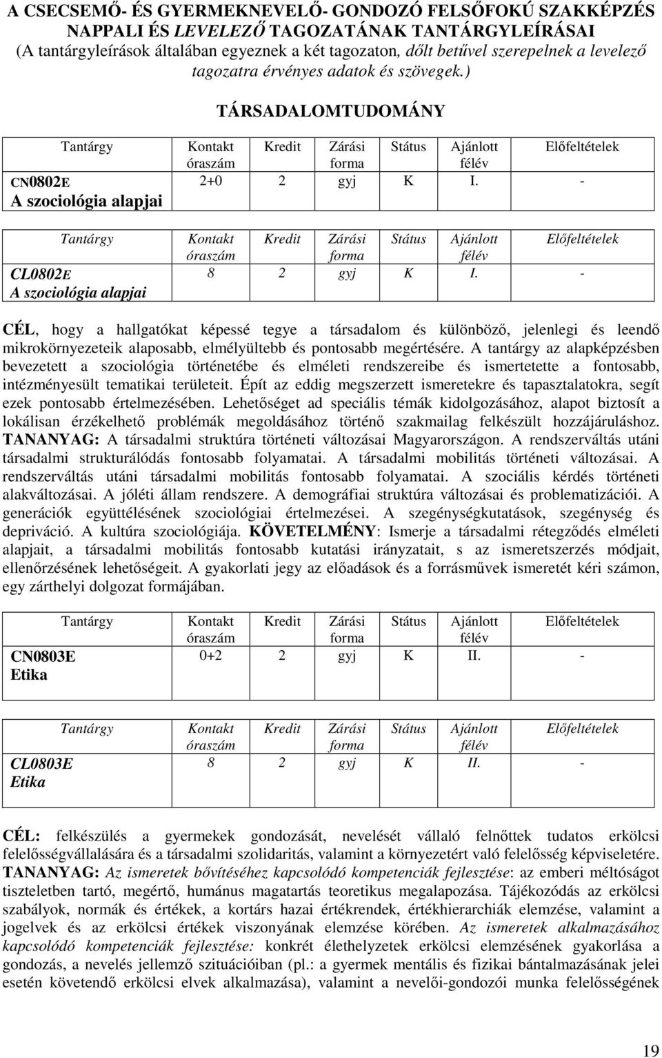 - CÉL, hogy a hallgatókat képessé tegye a társadalom és különbözı, jelenlegi és leendı mikrokörnyezeteik alaposabb, elmélyültebb és pontosabb megértésére.