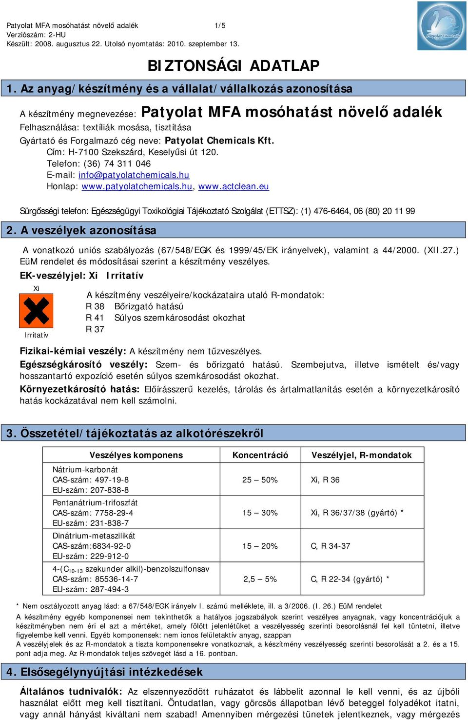 Patyolat Chemicals Kft. Cím: H-7100 Szekszárd, Keselyűsi út 120. Telefon: (36) 74 311 046 E-mail: info@patyolatchemicals.hu Honlap: www.patyolatchemicals.hu, www.actclean.