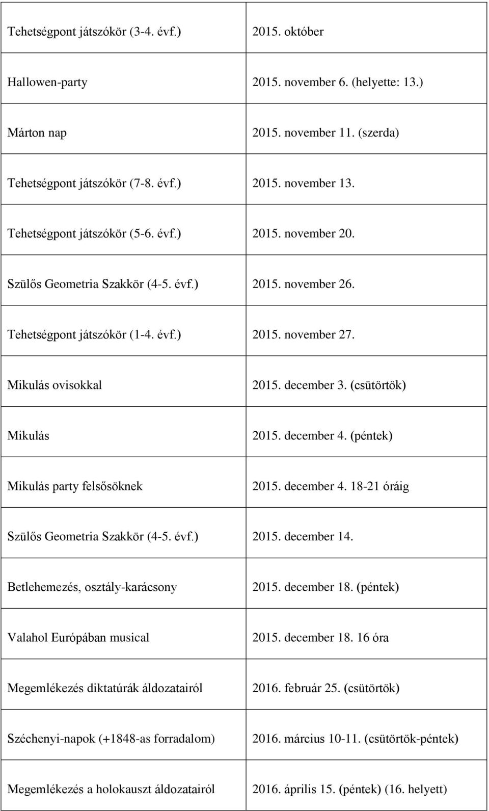 (csütörtök) Mikulás 2015. december 4. (péntek) Mikulás party felsősöknek 2015. december 4. 18-21 óráig Szülős Geometria Szakkör (4-5. évf.) 2015. december 14. Betlehemezés, osztály-karácsony 2015.