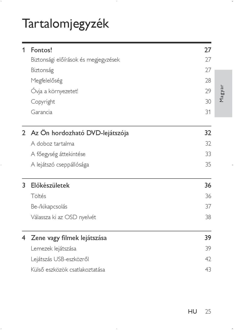 29 Copyright 30 Garancia 31 Magyar 2 Az Ön hordozható DVD-lejátszója 32 A doboz tartalma 32 A főegység áttekintése