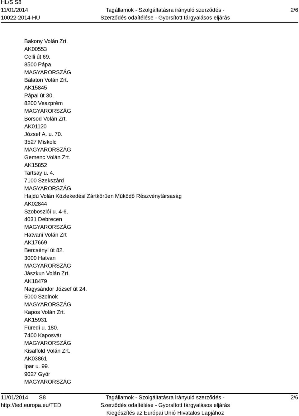 7100 Szekszárd Hajdú Volán Közlekedési Zártkörűen Működő Részvénytársaság AK02844 Szoboszlói u. 4-6.