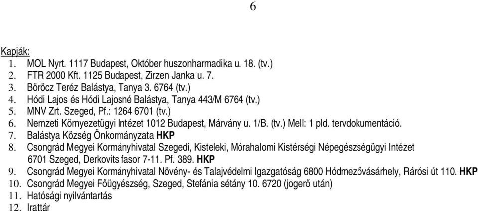 tervdokumentáció. 7. Balástya Község Önkormányzata HKP 8. Csongrád Megyei Kormányhivatal Szegedi, Kisteleki, Mórahalomi Kistérségi Népegészségügyi Intézet 6701 Szeged, Derkovits fasor 7-11. Pf. 389.