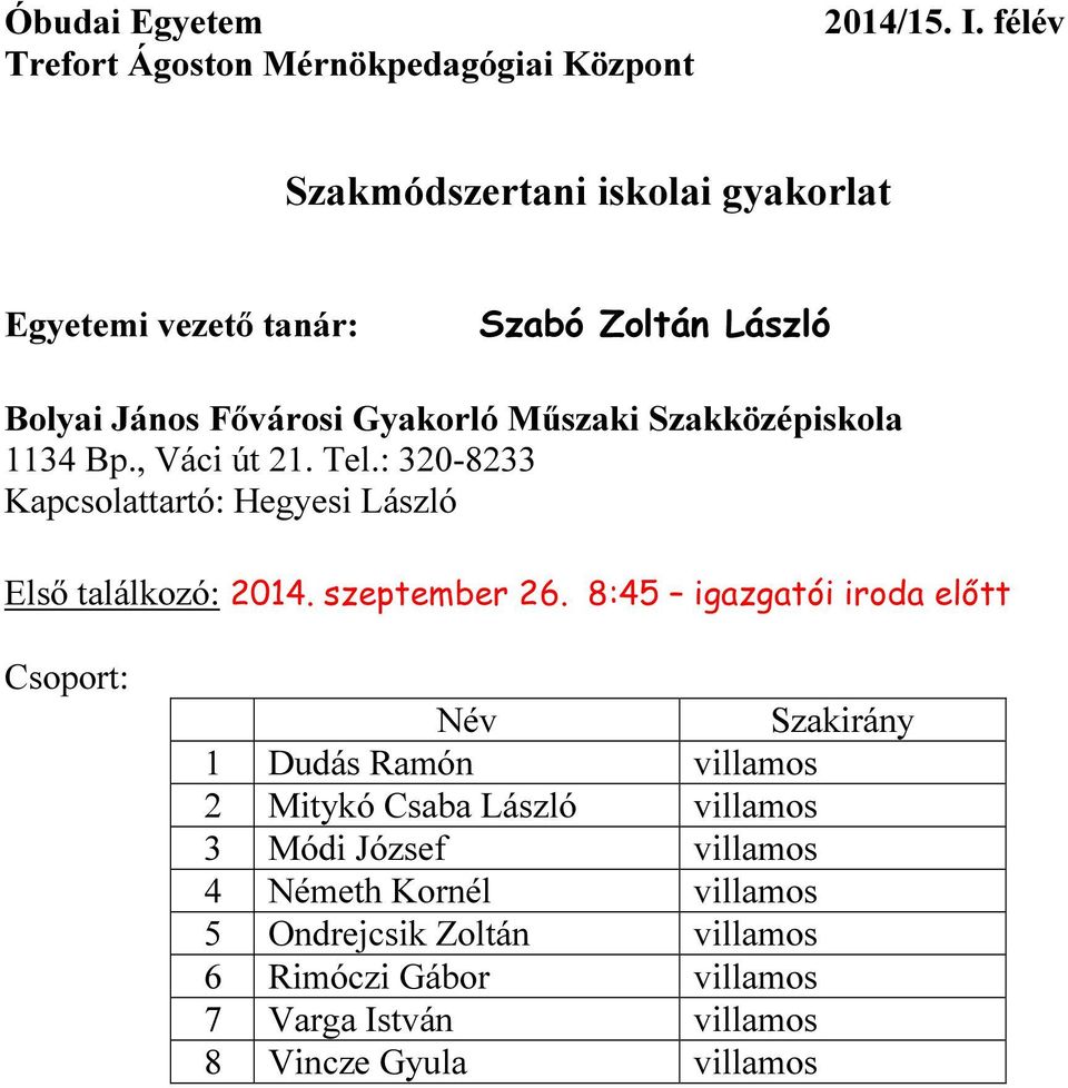 8:45 igazgatói iroda előtt 1 Dudás Ramón villamos 2 Mitykó Csaba László villamos 3 Módi József