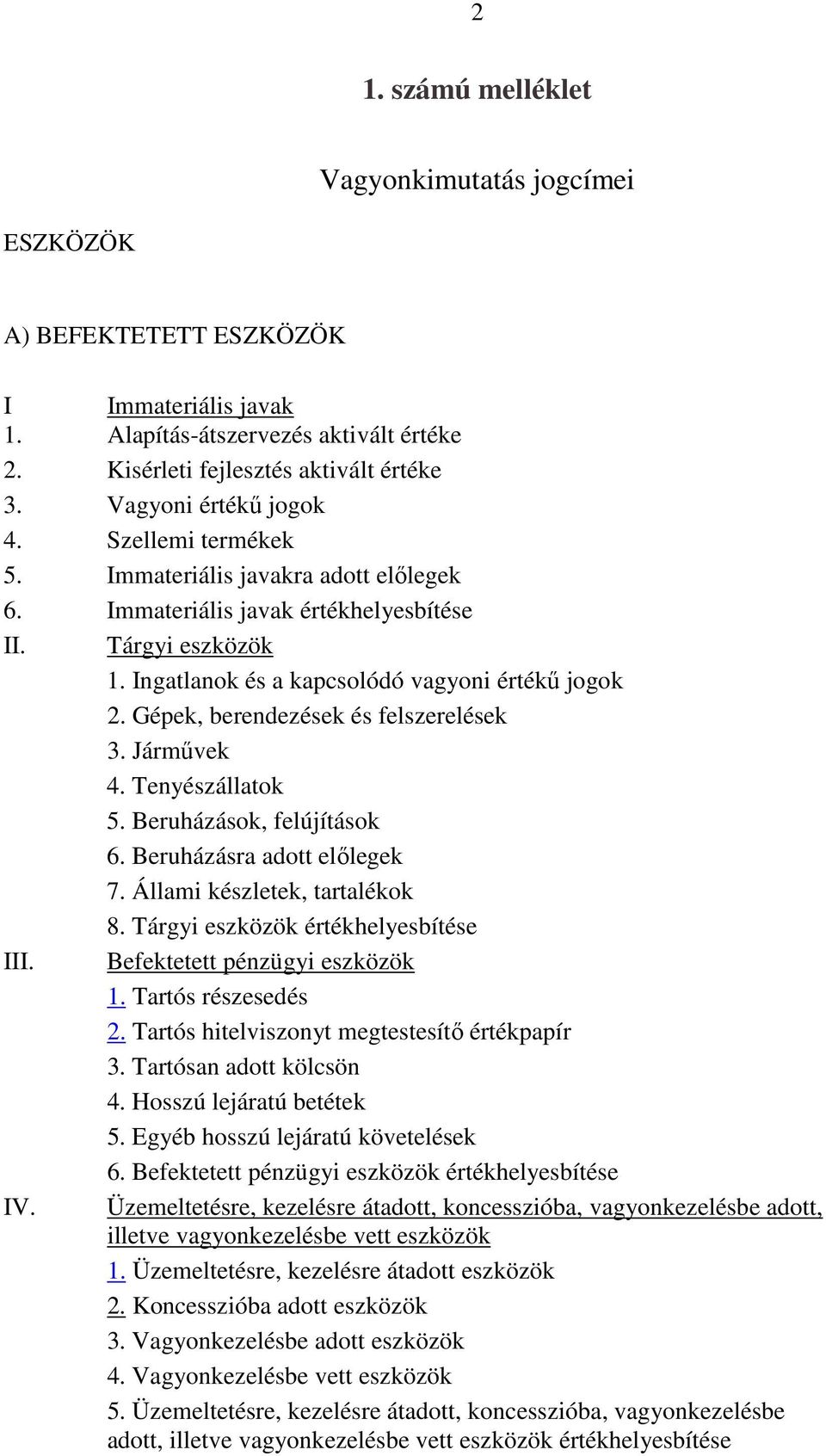 Gépek, berendezések és felszerelések 3. Járművek 4. Tenyészállatok 5. Beruházások, felújítások 6. Beruházásra adott előlegek 7. Állami készletek, tartalékok 8. Tárgyi eszközök értékhelyesbítése III.