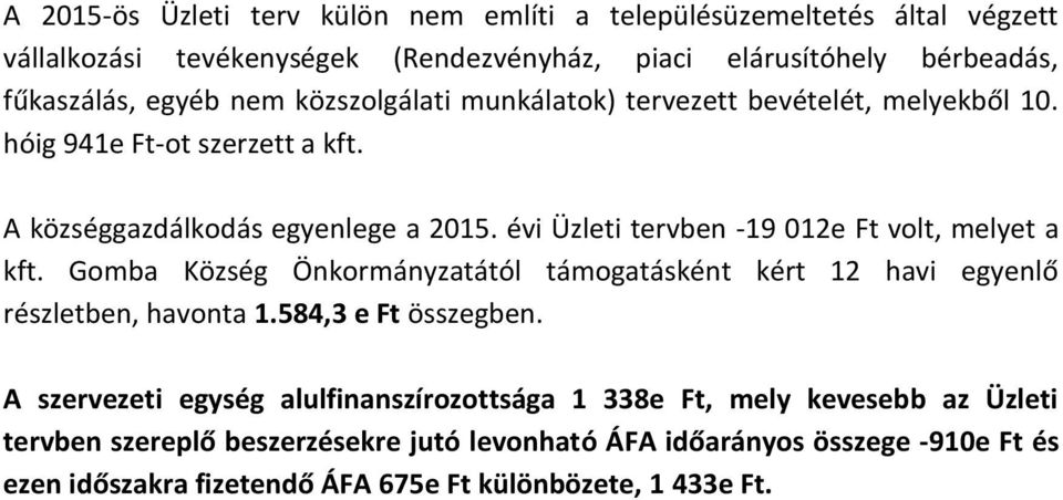 évi Üzleti tervben -19 012e Ft volt, melyet a kft. Gomba Község Önkormányzatától támogatásként kért 12 havi egyenlő részletben, havonta 1.584,3 e Ft összegben.