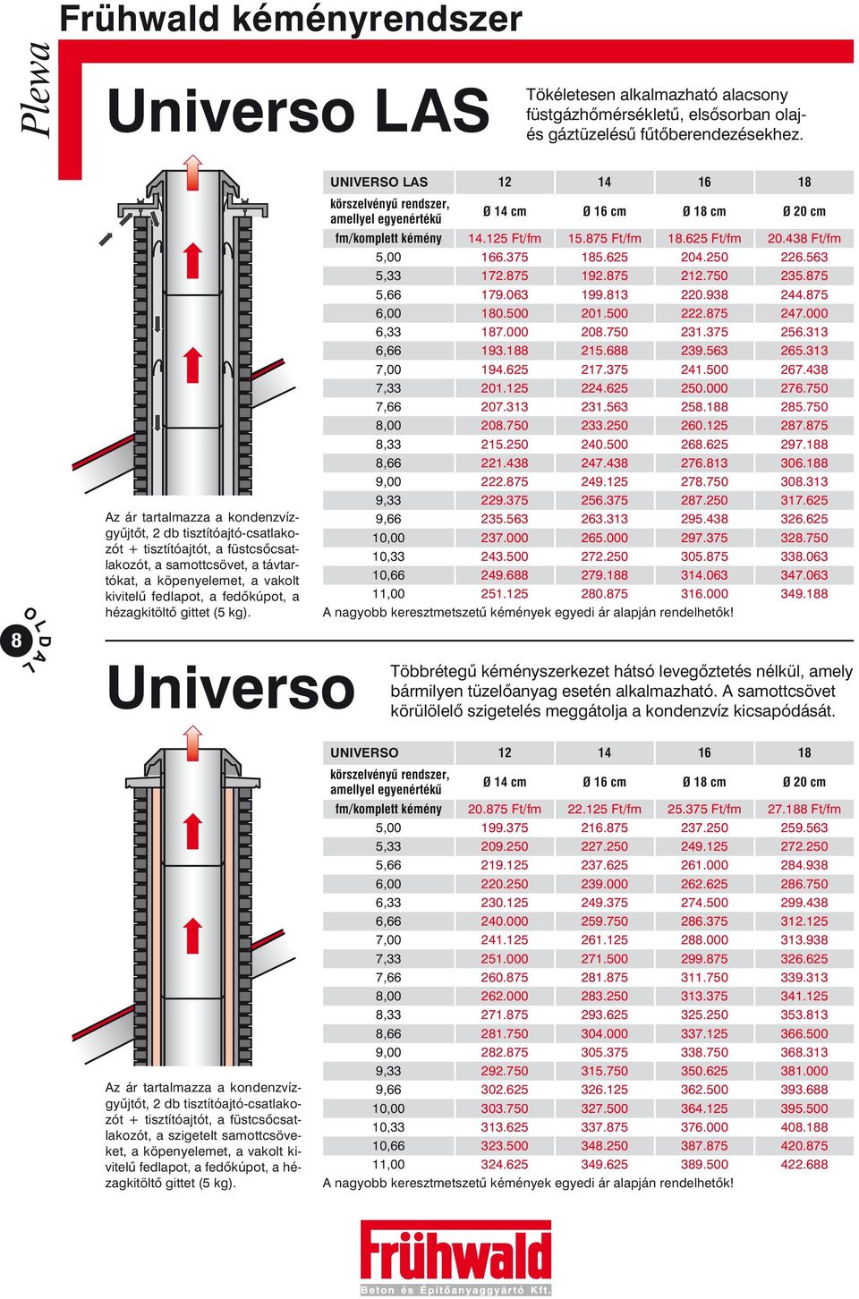 hézagkitöltõ gittet (5 kg). Universo UNIVERSO LAS 12 14 16 18 körszelvényû rendszer, amellyel egyenértékû Ø 14 cm Ø 16 cm Ø 18 cm Ø 20 cm fm/komplett kémény 14.125 Ft/fm 15.875 Ft/fm 18.625 Ft/fm 20.