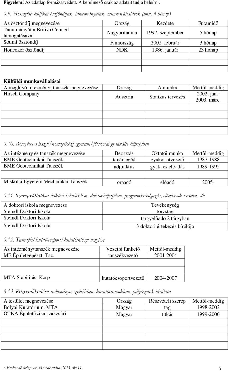 január 23 hónap Külföldi munkavállalásai A meghívó intézmény, tanszék megnevezése Ország A munka Mettől-meddig Hirsch Company 2002. jan.- Ausztria Statikus tervezés 2003. márc. 8.10.