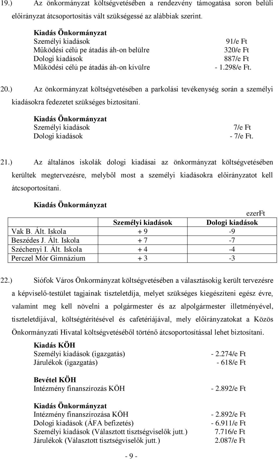) Az önkormányzat költségvetésében a parkolási tevékenység során a személyi kiadásokra fedezetet szükséges biztosítani. 7/e Ft - 7/e Ft. 21.