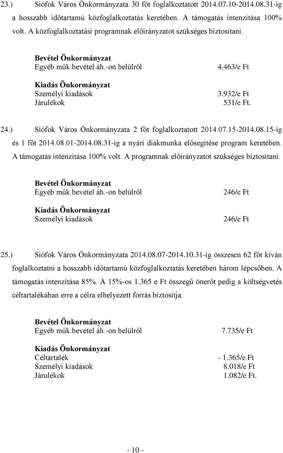 15-2014.08.15-ig és 1 főt 2014.08.01-2014.08.31-ig a nyári diákmunka elősegítése program keretében. A támogatás intenzitása 100% volt. A programnak előirányzatot szükséges biztosítani. Egyéb műk.