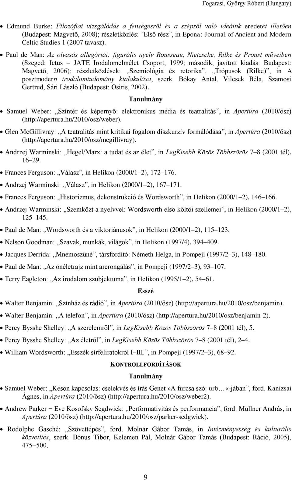 Paul de Man: Az olvasás allegóriái: figurális nyelv Rousseau, Nietzsche, Rilke és Proust műveiben (Szeged: Ictus JATE Irodalomelmélet Csoport, 1999; második, javított kiadás: Budapest: Magvető,