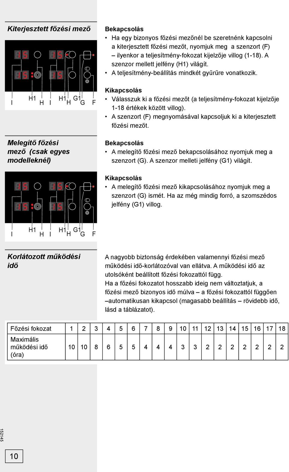 Kikapcsolás Válasszuk ki a főzési mezőt (a teljesítmény-fokozat kijelzője 1-18 értékek között villog). A szenzort (F) megnyomásával kapcsoljuk ki a kiterjesztett főzési mezőt.