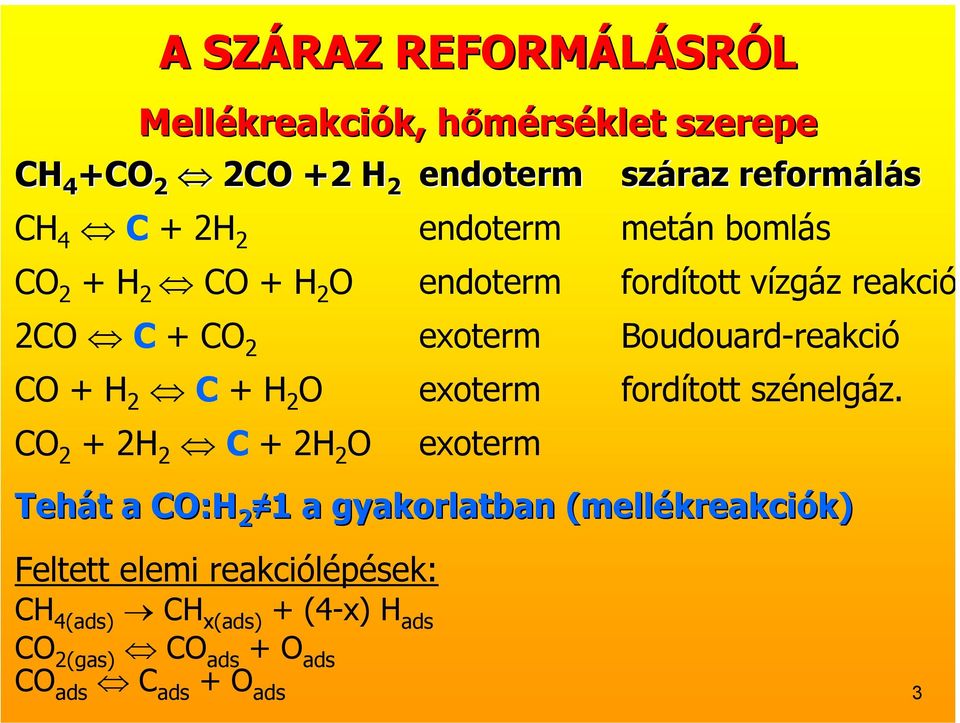 Boudouard-reakció CO + H 2 C + H 2 O exoterm fordított szénelgáz.