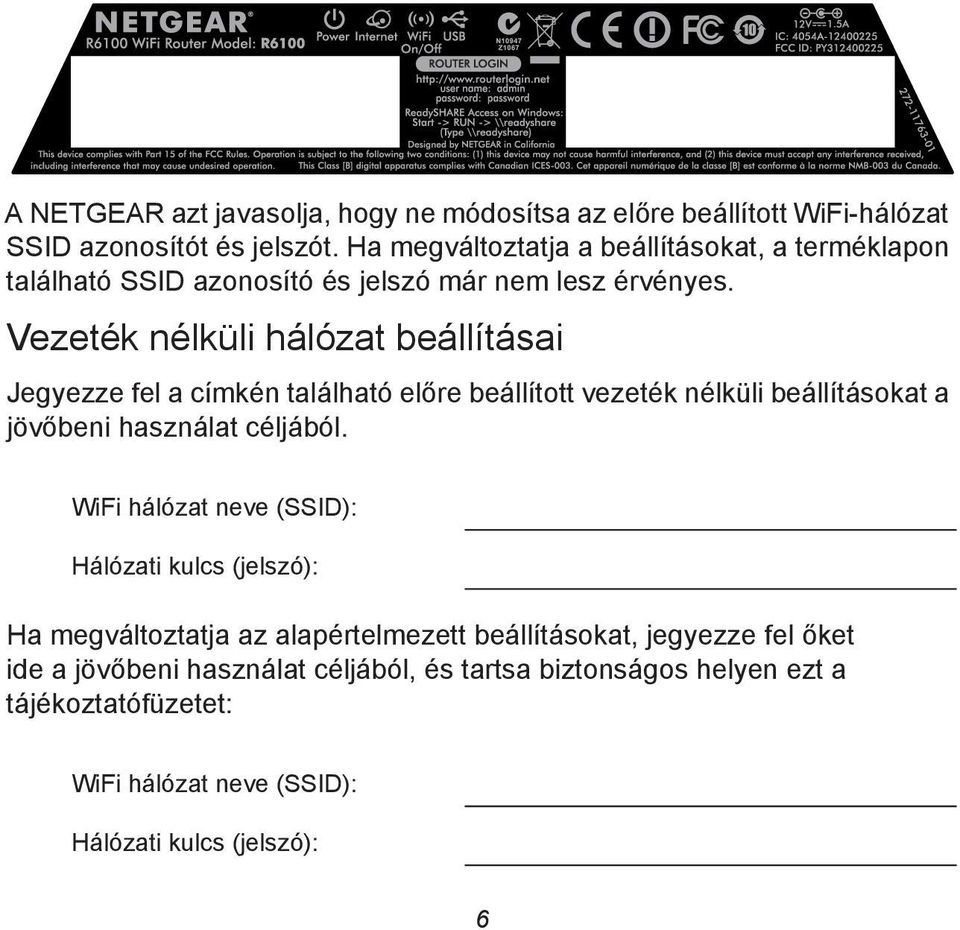 Vezeték nélküli hálózat beállításai Jegyezze fel a címkén található előre beállított vezeték nélküli beállításokat a jövőbeni használat céljából.