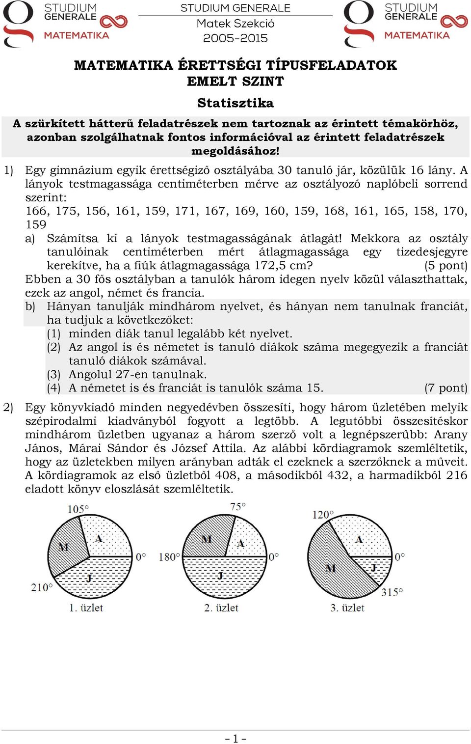 MATEMATIKA ÉRETTSÉGI TÍPUSFELADATOK EMELT SZINT Statisztika - PDF Ingyenes  letöltés