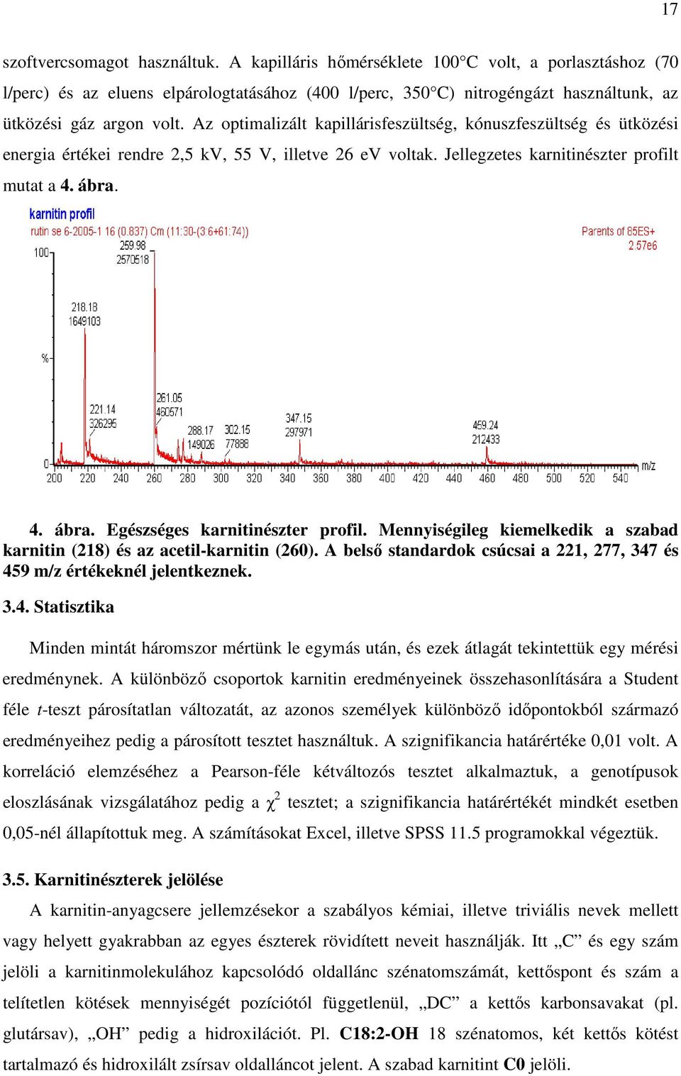 Az optimalizált kapillárisfeszültség, kónuszfeszültség és ütközési energia értékei rendre 2,5 kv, 55 V, illetve 26 ev voltak. Jellegzetes karnitinészter profilt mutat a 4. ábra.