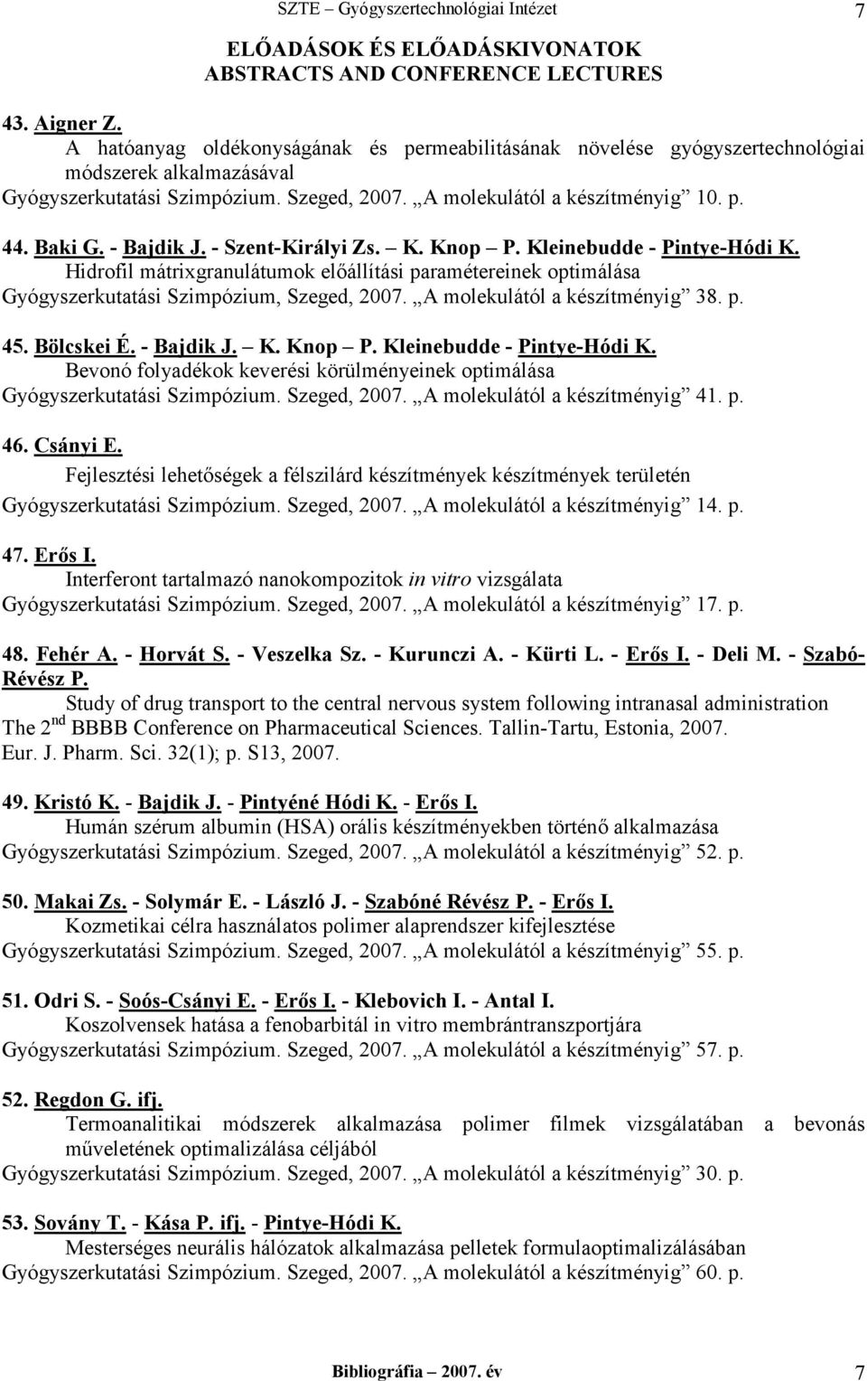 - Bajdik J. - Szent-Királyi Zs. K. Knop P. Kleinebudde - Pintye-Hódi K. Hidrofil mátrixgranulátumok eljállítási paramétereinek optimálása Gyógyszerkutatási Szimpózium, Szeged, 2007.