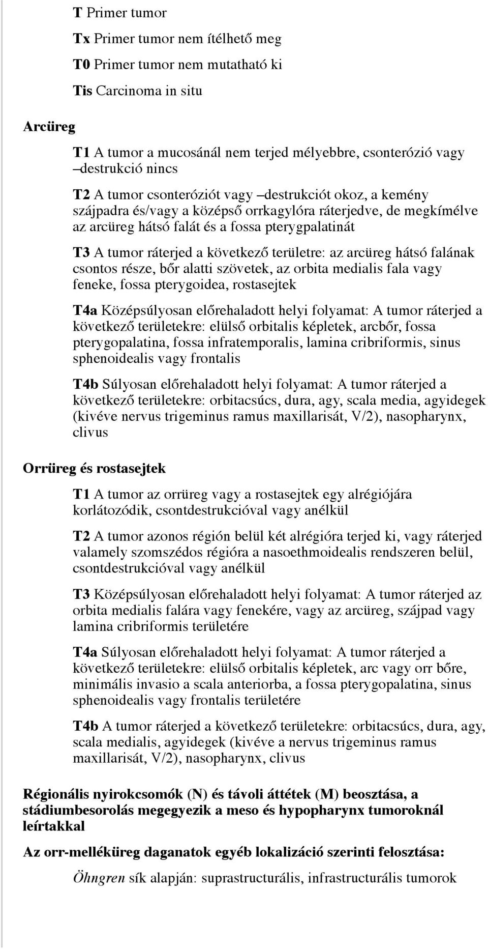 területre: az arcüreg hátsó falának csontos része, bőr alatti szövetek, az orbita medialis fala vagy feneke, fossa pterygoidea, rostasejtek T4a Középsúlyosan előrehaladott helyi folyamat: A tumor